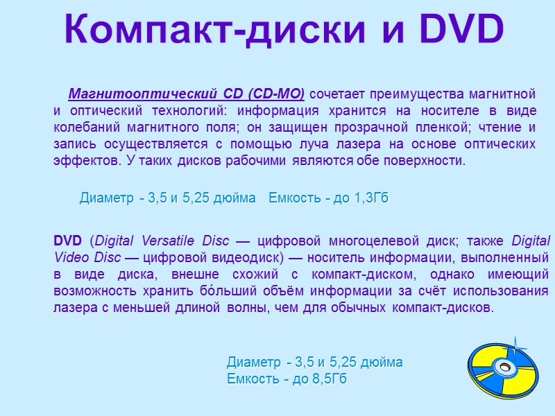 Компакт-диски и DVD Диаметр - 3,5 и 5,25 дюйма   Емкость - до